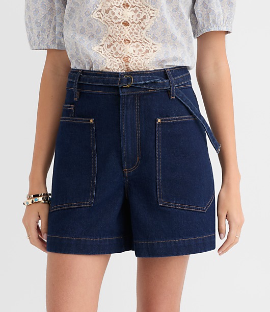 Petite Belted Denim Utility Shorts in Classic Rinse Wash