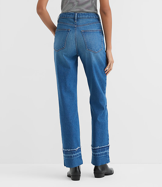 Rivete Petite Curvy Unpicked Cuffed High Rise Straight Jeans in Authentic Indigo