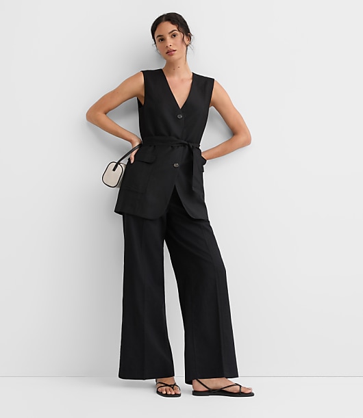 Petite Linen Blend Belted Pocket Vest