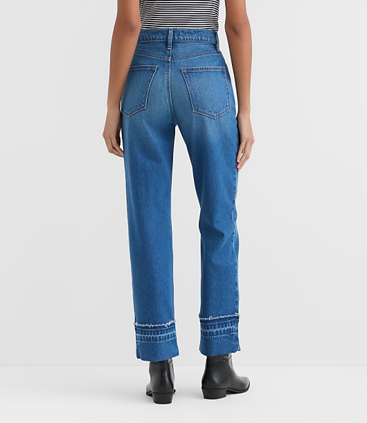 Rivete Petite Unpicked Cuffed High Rise Straight Jeans in Authentic Indigo
