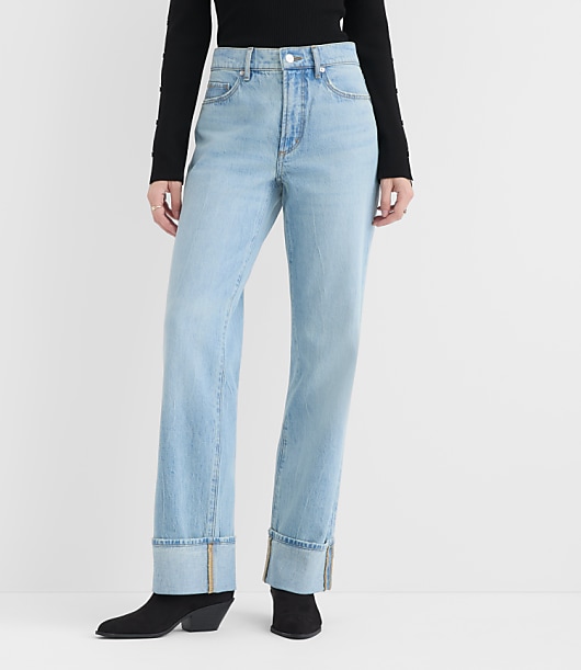 Rivete Petite Cuffed Mid Rise Relaxed Straight Jeans in Light Wash
