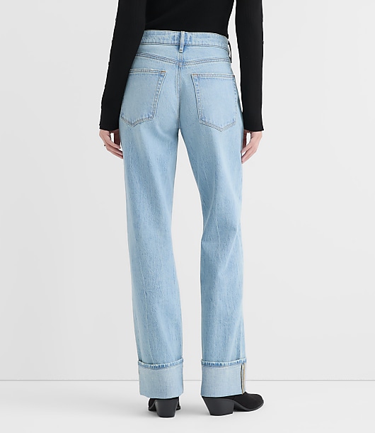 Rivete Petite Cuffed Mid Rise Relaxed Straight Jeans in Light Wash