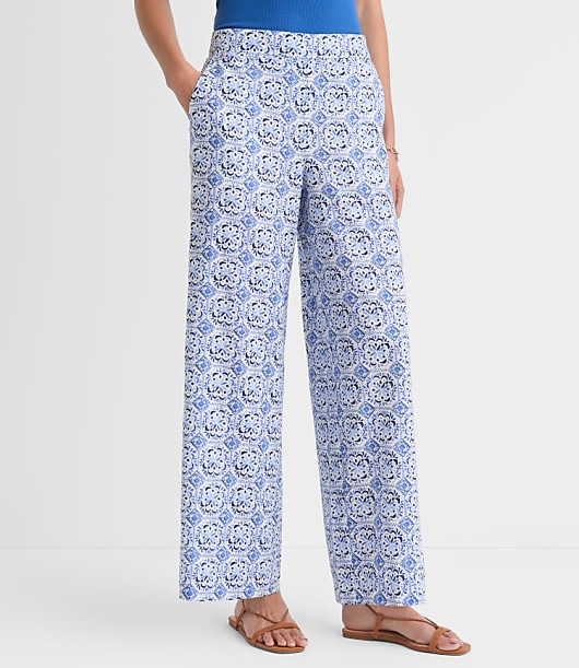 Pull On Wide Leg Pants in Mosaic Linen Cotton