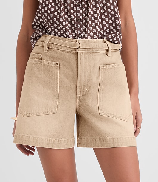 Loft Tall Curvy Belted Denim Utility Shorts in Washed Neutral