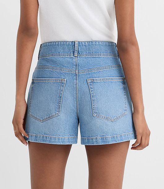 Rivete Tall Curvy Double Shank High Rise Denim Shorts in Mid Wash