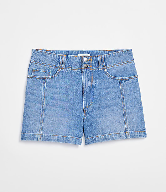 Rivete Tall Curvy Double Shank High Rise Denim Shorts in Mid Wash