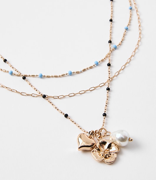 Pearlized Puffy Heart Layered Necklace Set