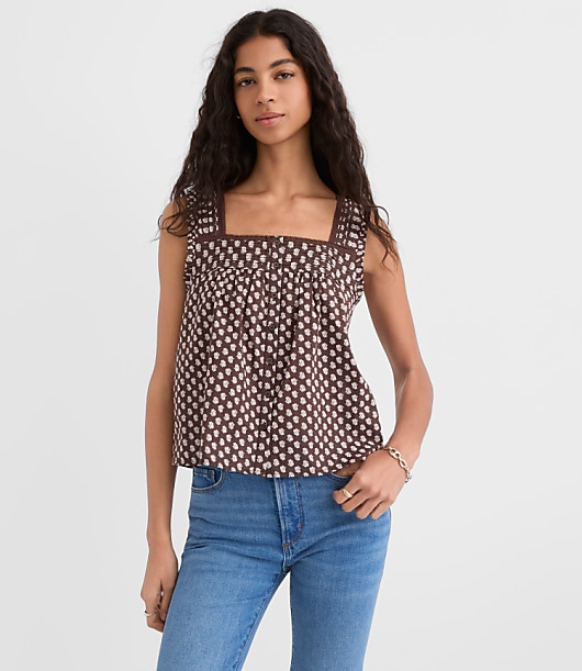 Floral Pleated Square Neck Blouse