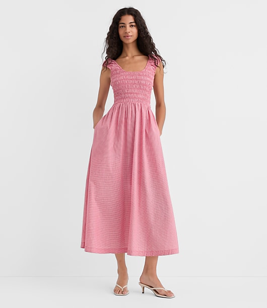 Gingham Smocked Cap Sleeve Midi Pocket Dress