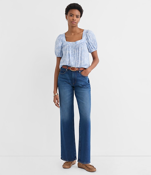 Petite Paisley Puff Sleeve Square Neck Blouse