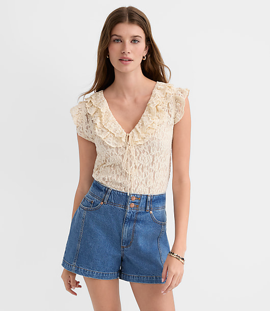 Petite Lace Ruffle Tie Neck Top