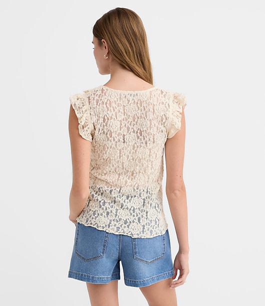 Petite Lace Ruffle Tie Neck Top