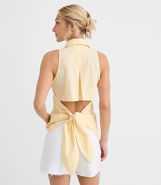 Petite Striped Poplin Cutout Tie Back Halter Top