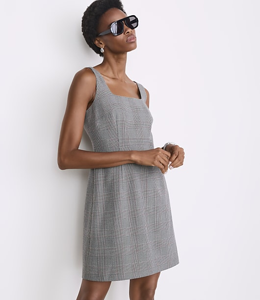 LOFT Versa Plaid Seasonless Stretch Square Neck Mini Dress