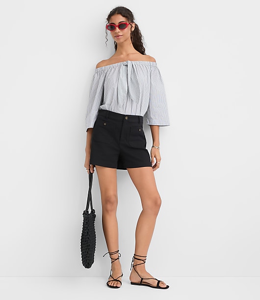 Petite Striped Poplin Bow Off The Shoulder Top