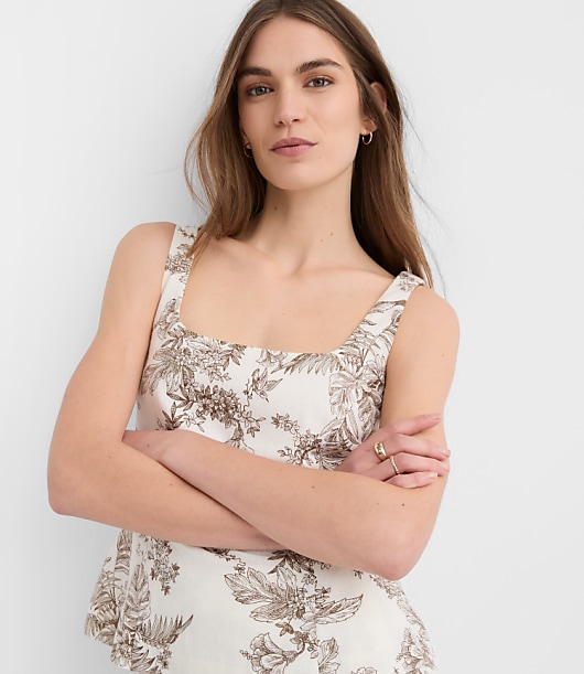 Petite Floral Toile Seamed Linen Cotton Peplum Top