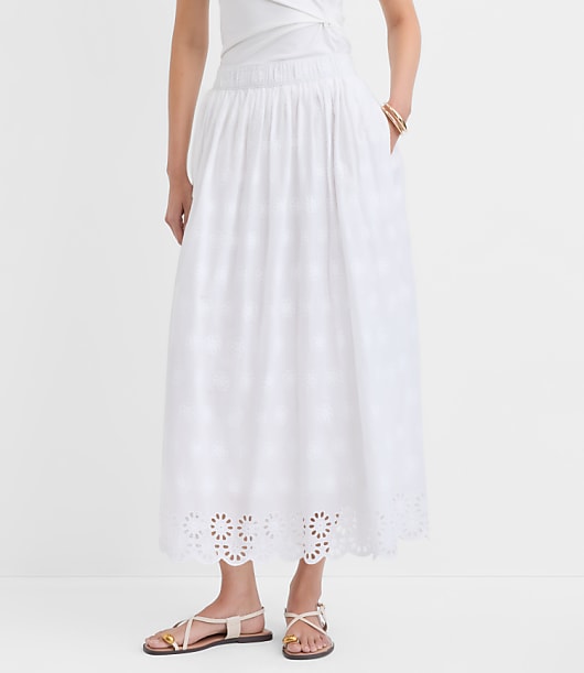 Scalloped Eyelet Pull On Midi Pocket Skirt