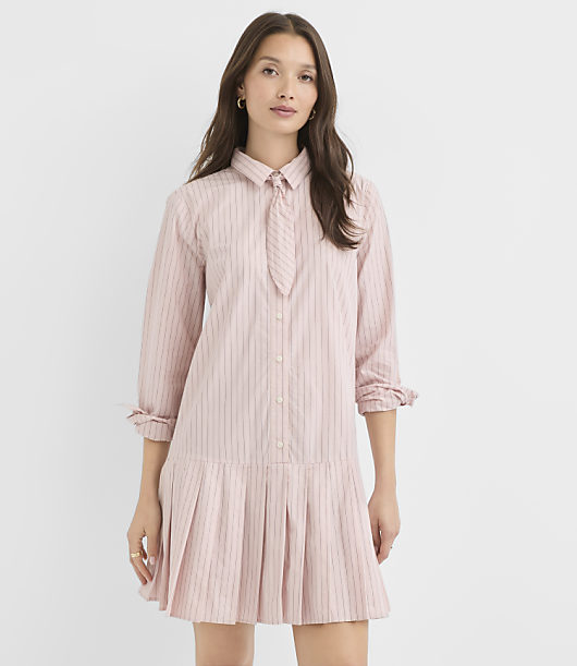 Striped Poplin Pleated Tie Neck Shirtdress