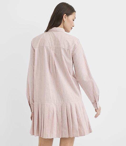 Striped Poplin Pleated Tie Neck Shirtdress