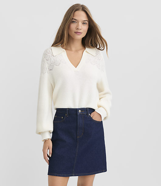 Pointelle Collared Split Neck Sweater