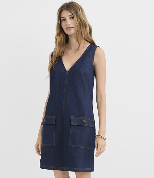 Denim V-Neck Mini Pocket Dress in Classic Rinse Wash