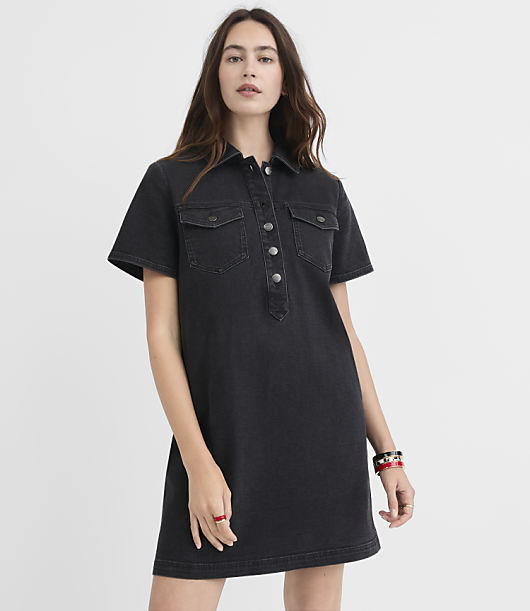 Denim Mini Pocket Dress in Washed Black