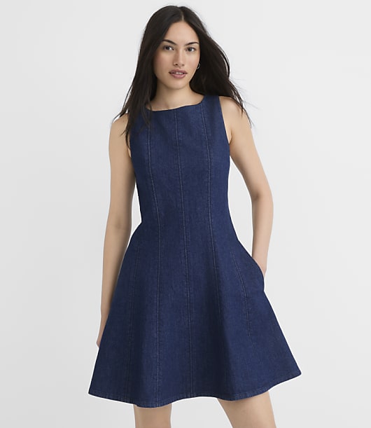 Seamed Denim Flare Mini Pocket Dress in Classic Indigo Wash
