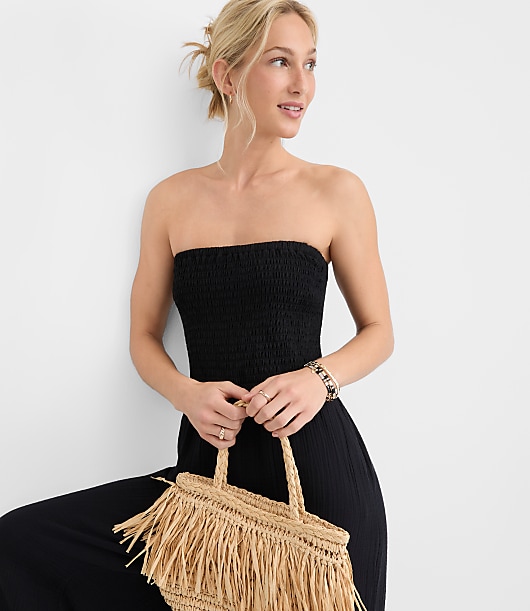 LOFT Beach Triple Cloth Smocked Mixed Media Jumpsuit