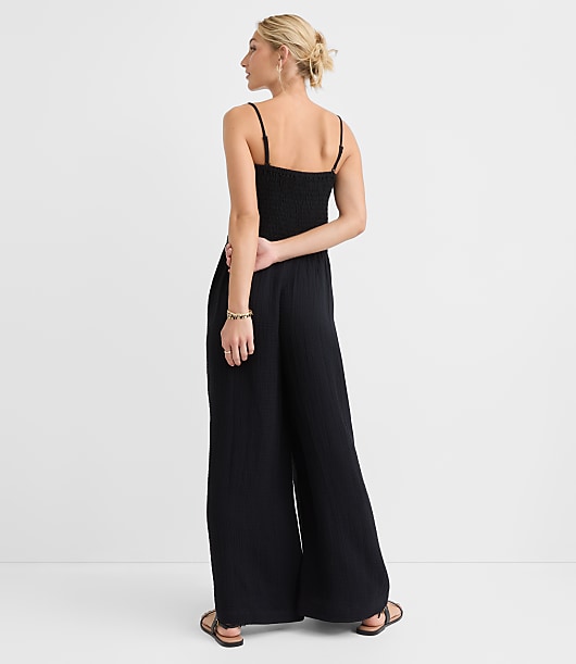LOFT Beach Triple Cloth Smocked Mixed Media Jumpsuit