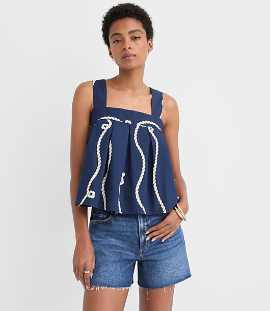 Petite Rope Poplin Tie Back Pleated Tank Top