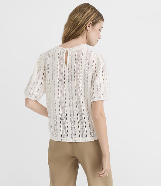 Petite Striped Lace Puff Sleeve Top