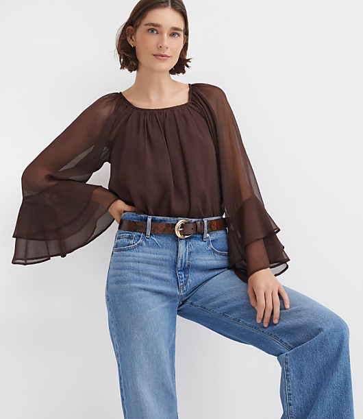 Tiered Ruffle Sleeve Blouse - Iced Espresso