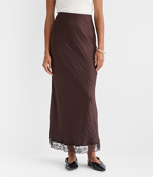 Lace Trim Satin Bias Maxi Skirt