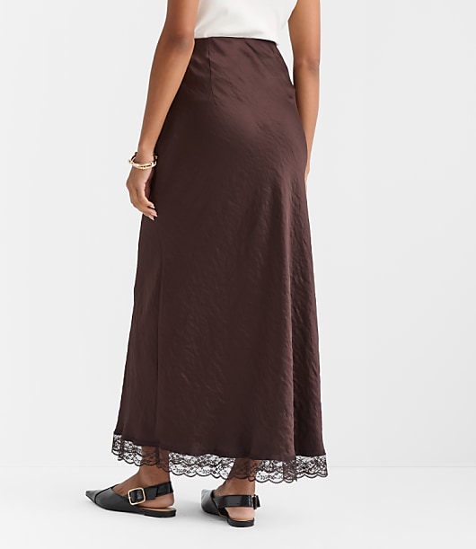 Lace Trim Satin Bias Maxi Skirt