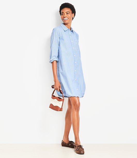 Striped Poplin Bubble Hem Mini Pocket Shirtdress