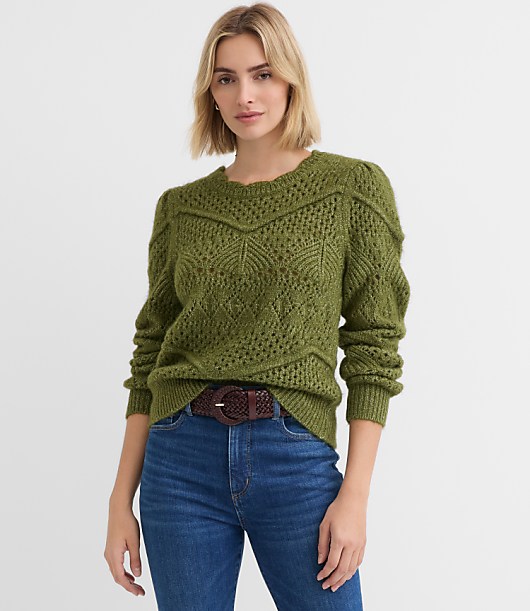 Scalloped Pointelle Puff Sleeve Sweater