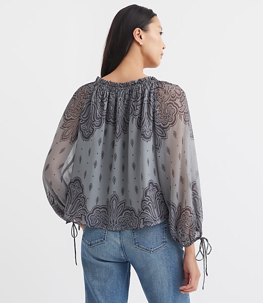 Petite Paisley Ruffle Neck Tie Cuff Blouse
