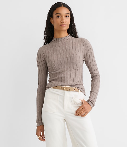 Petite Heathered Ribbed Mock Neck Sweater