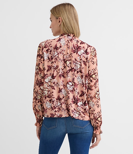 Floral Pintucked Ruffle Mixed Media Blouse