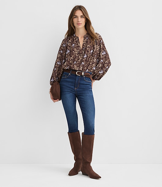 Petite Garden Blouson Sleeve Split Neck Blouse