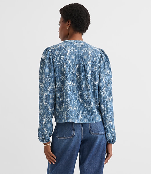 Floral Crinkle Knit Split Neck Blouse