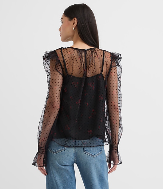Petite Velvet Dot Tulle Floral Cami Blouse