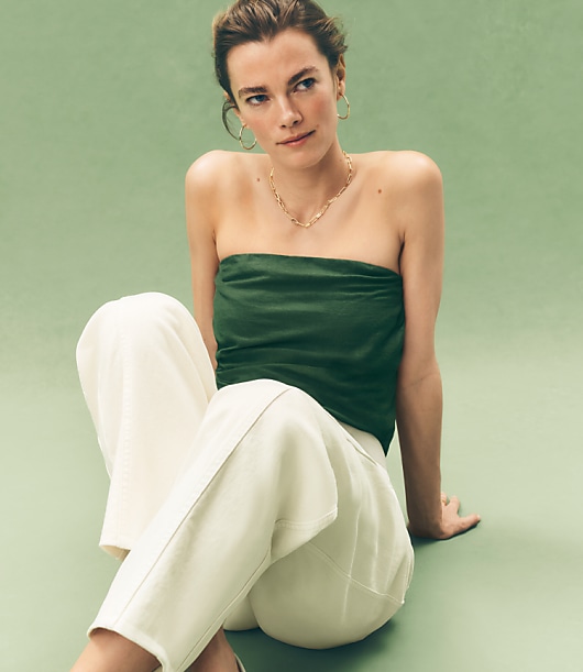 Ruched Linen Blend Strapless Top