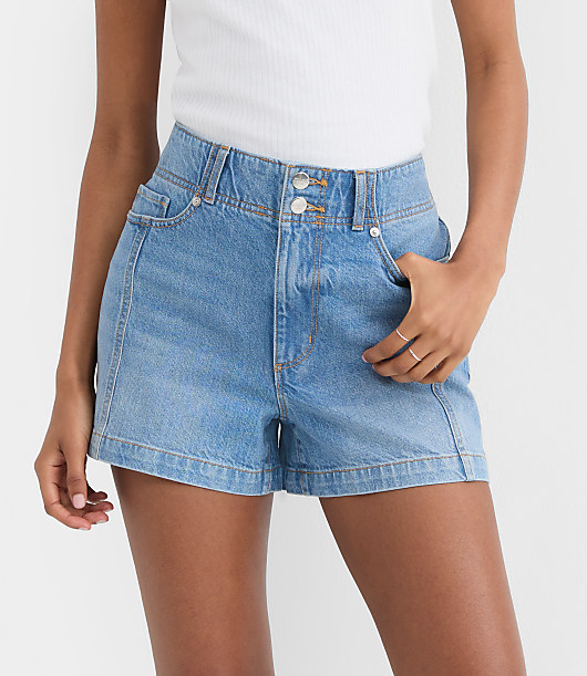 Rivete Double Shank High Rise Denim Shorts in Mid Wash