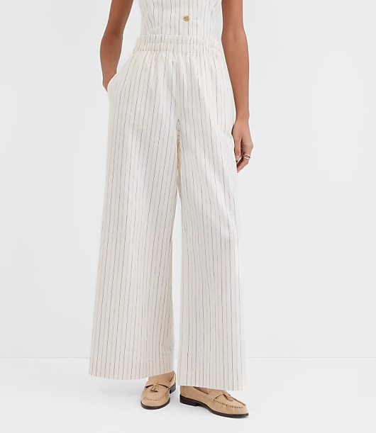 Pull On Wide Leg Pants in Pinstripe Cotton Linen