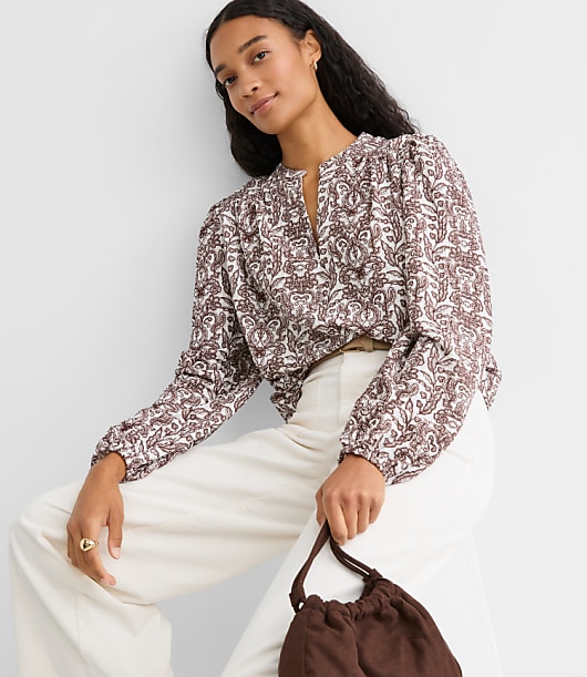 Petite Lace Garden Crinkle Knit Split Neck Blouse