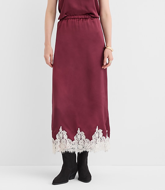 Tall Lace Trim Satin Midi Skirt