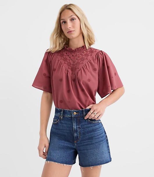 Eyelet Flutter Sleeve Blouse