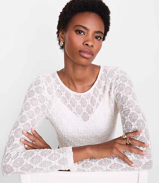 Petite LOFT Versa Geo Lace Long Sleeve Top