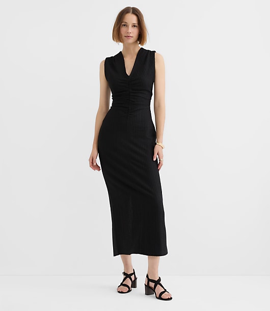 Loft Textured Ruched V-Neck Midi Dress